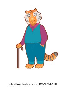 Handsome old tiger character isolated on white, vector illustration