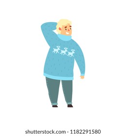 Handsome overweight man dressed in blue sweater with deers and jeans, fat guy in fashionable clothes, body positive vector Illustration on a white background