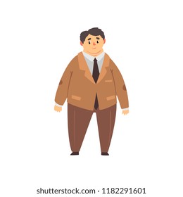 Handsome Overweight Man Dressed Brown Suit, Fat Guy In Fashionable Clothes, Body Positive Vector Illustration On A White Background