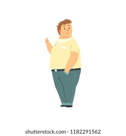 Handsome overweight man dressed jeans and shirt, fat guy in casual clothes, body positive vector Illustration on a white background