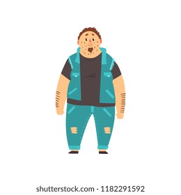 Handsome overweight man dressed jeans and denim vest, fat guy in fashionable clothes, body positive vector Illustration on a white background