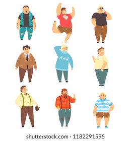 Handsome overweight men set, fat guys in fashionable clothes, body positive vector Illustrations on a white background