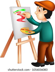 handsome painter cartoon standing with smile and painting on paper