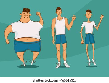 Handsome person in a different forms. Set of cartoon style illustrations. Man with excess weight, in normal shape and with underweight. Vector comic character.