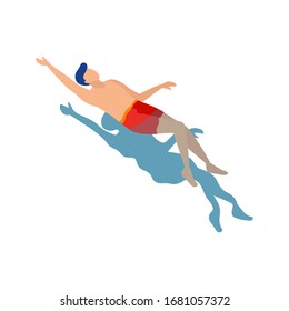 Handsome person in swimsuit swimming, isolated on white background. Happy man floating in sea, resort pool or ocean. Simple male character in water, beach vacation. Top view. Flat vector illustration