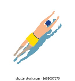 Handsome person in swimsuit swimming, isolated on white background. Happy man floating in sea, resort pool or ocean. Simple male character in water, beach vacation. Top view. Flat vector illustration