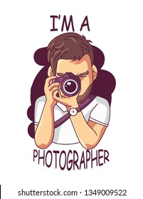 Handsome photographer holding a DSLR camera vector