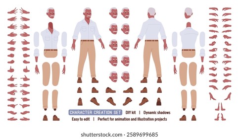 Handsome physically active senior mature man, elder businessman DIY character creation set. Grandfather body figure parts. Head, leg, hand gestures, emotions, construction kit. Vector illustration