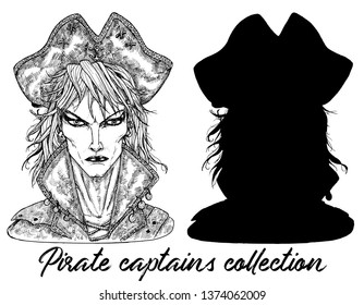 Handsome pirate captain and silhouette isolated on white. Hand drawn engraved vector illustration of sailor, seaman or seafarer in old vintage style