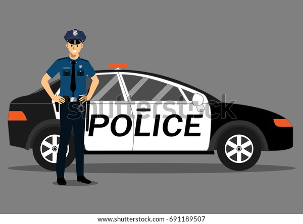 Handsome police officer with police car,\
cartoon flat-style vector\
illustration.