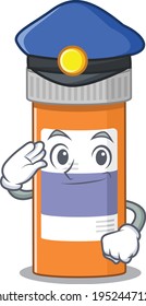 A handsome Police officer cartoon picture of pills drug bottle with a blue hat. Vector illustration