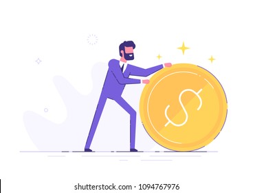 Handsome positive businessman is rolling a huge golden dollar coin. Earning, saving and investing money concept. Flat vector illustration.