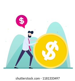 Handsome positive businessman is rolling a huge golden dollar coin. Earning, saving and investing money concept. Flat vector illustration.