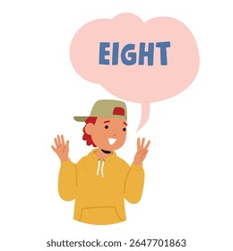 Handsome preschool boy counting eight by fingers educational print for school or kindergarten lesson. Round portrait with handsome kid learning arithmetic and numbers design vector illustration