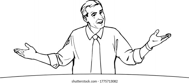 handsome presenter with raised arms