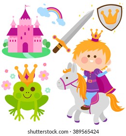 Handsome prince boy riding a horse and a castle. Cute fairy tale set with medieval knight and a magic frog. Vector illustration