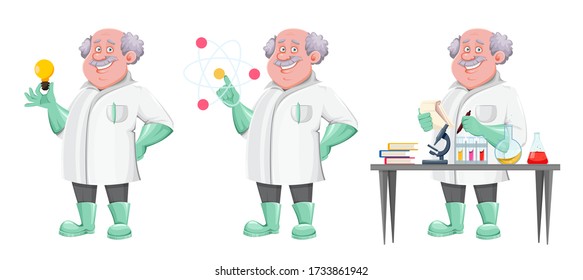Handsome professor cartoon character, set of three poses. Usable also as scientist, chemist, laboratory assistant, inventor, teacher etc. Vector illustration