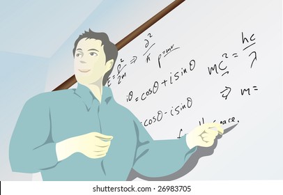 Handsome professor gives a lecture introducing some ideas of Quantum Mechanics.