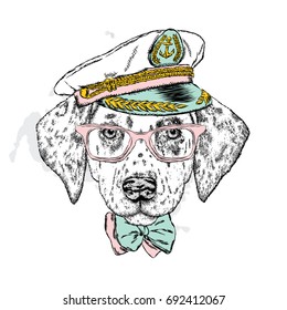 A handsome puppy in a cap cap, glasses and a tie. Vector illustration for a postcard or a poster, print for clothes. Fashion & Style. Dalmatian.
