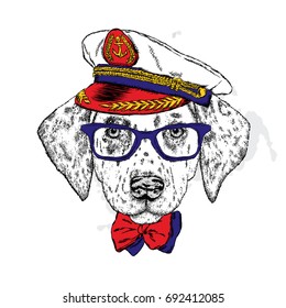 A handsome puppy in a cap cap, glasses and a tie. Vector illustration for a postcard or a poster, print for clothes. Fashion & Style. Dalmatian.