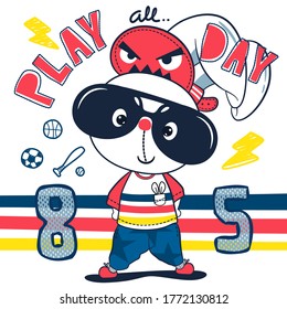 Handsome rabbit boy cartoon wearing a red hat and sunglasses and text "Play all day" isolated on white background illustration vector, T-Shirt design for kids.