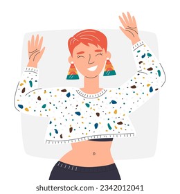 Handsome red haired woman in sweatshot with terrazzo pattern. Dancing female character. Happy girl moving her body. Cool and positive self love. Enjoying personage hand drawn flat vector illustration