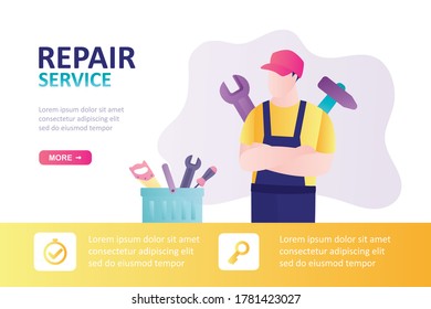 Handsome repairman with wrench and hammer. Repair service, landing page. Service man in uniform. Male worker and box with tools nearby. Horizontal banner template. Trendy style vector illustration