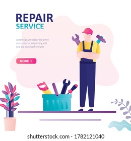 Handsome repairman with wrench and hammer. Repair service, landing page. Service man in uniform. Male worker and box with tools nearby. Web banner template. Trendy style vector illustration