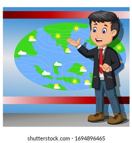 Handsome Reporter Giving Information About Today Weather Cartoon