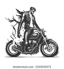 A handsome rider with glasses and a cool jacket on a motorcycle. Motorcycle designs for clothes and tattoos