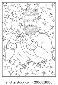 Handsome Santa Claus showing heart symbol against background with stars. Black and white line art.  Coloring page. Vector illustration with Christmas and New Year concept