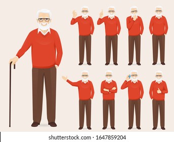 Handsome senior man in casual outfit set with different gestures isolated vector illustration