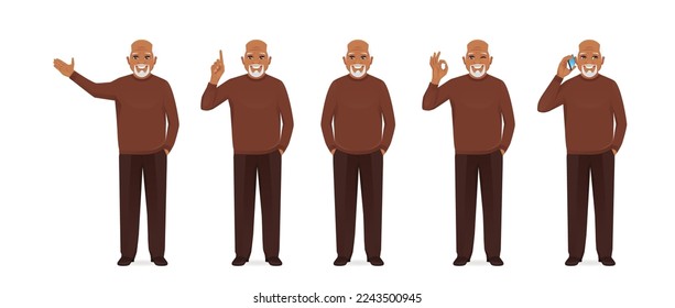 Handsome senior man in casual outfit set with different gestures isolated vector illustration