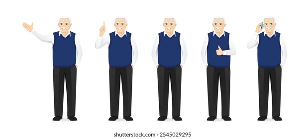 Handsome senior man in casual outfit with different gestures. Isolated vector illustration set