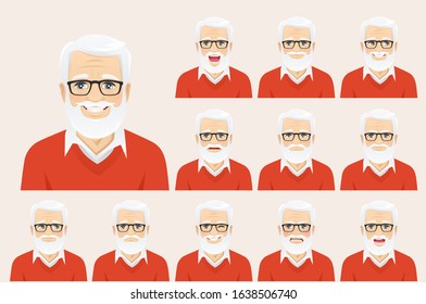 Handsome senior man with different facial expressions set vector illustration isolated