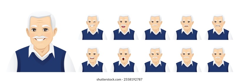 Handsome senior man with different facial expressions. Vector illustration isolated set