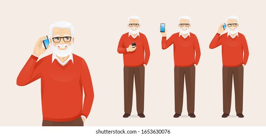 Handsome senior man with phone isolated vector illustration