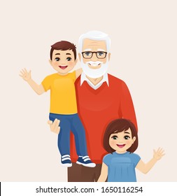 Handsome senior man standing with grandson and granddaughter. Happy grandfather vector illustration