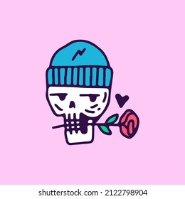 Handsome skull wearing beanie hat and bite a roses , illustration for t-shirt, sticker, or apparel merchandise. With doodle, soft pop, and cartoon style.