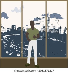 A Handsome, Slender, Muscular Guy With Very Dark Skin, No Face, Stands By The Panoramic Window. There You Can See The Evening City, The Bend Of The River, The Road, High-rise Buildings, Everything Is 