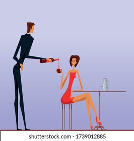 A handsome slender waiter fills a glass with wine. A lonely woman sits at a table alone in a red dress and drinks wine. Scene in the bar. Loneliness and intoxication. Vector flat design illustration.