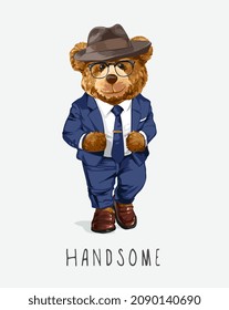 handsome slogan with bear doll in formal suit vector illustration