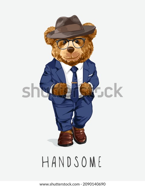 handsome slogan with bear doll in formal\
suit vector\
illustration