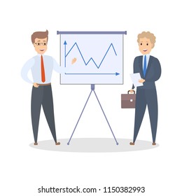 Handsome smart businessman standing at the white board making presentation and explaining graphs to his partner. Isolated flat vector illustration