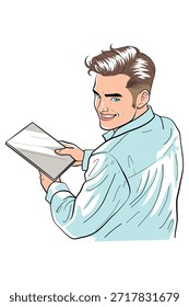 Hombre elegante hermoso que sostiene la ilustración de la tableta
Un hombre sonriente en una camisa azul sosteniendo una tableta y mirando hacia atrás. Profesional moderno, estilo de vida digital, uso de la tecnología, y hombre de negocios amigable.
