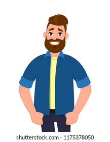 Handsome smart man posing with keeping hands in pockets and smiling. Emotion and body language concept in cartoon style vector illustration.