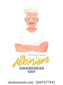 Handsome smiling albino guy with white hair, eyebrows and eyelashes. International Albinism Awareness Day. Rare genetic inherited disease. Vector illustration on a white background.