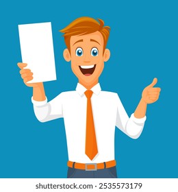 Handsome Smiling Boy in Shirt and Tie Holding White Blank Sheet Paper. Businessman, manager, office worker.