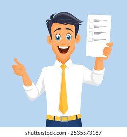 Handsome Smiling Boy in Shirt and Tie Holding White Checklist or Vote Ballots. Businessman, manager, office worker.