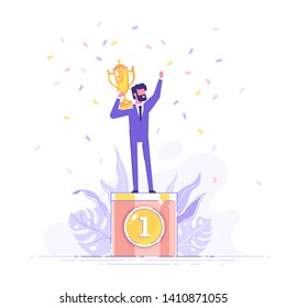 Handsome smiling businessman is standing on a winners pedestal  with a golden cup and confetti around. Modern vector illustration.